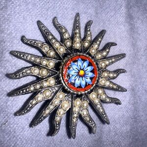 Ben-Amun Silver Sunburst Brooch mosaic daisy center faux pearl rays. Signed